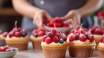 Woman decorating cupcakes with fresh raspberries