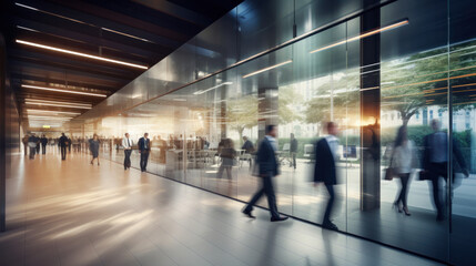 Busy corporate environment with people in motion in a modern office corridor
