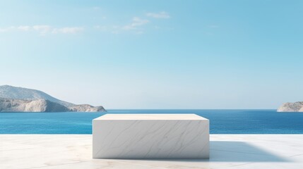 White marble pedestal with sea view and blue sky background