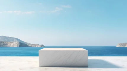 Selbstklebende Fototapeten White marble pedestal with sea view and blue sky background © hardqor4ik