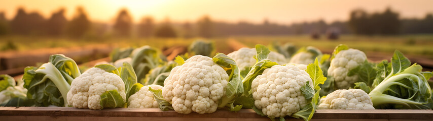 Cauliflower harvested in a wooden box with field and sunset in the background. Natural organic fruit abundance. Agriculture, healthy and natural food concept. Horizontal composition, banner.
