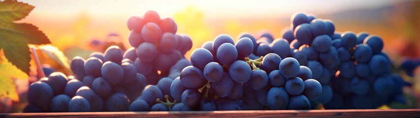 Blue vine grapes harvested in a wooden box with vineyard and sunshine in the background. Natural...