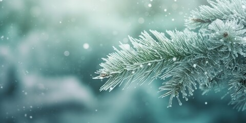 Enchanting Frost Covered Spruce Branches Amidst Light Snowfall, Generative AI