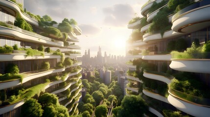 An ecofriendly futuristic cityscape showcasing a verdant urban garden balcony and lush green rooftops, embodying sustainability and community wellbeing in a modern environment. - obrazy, fototapety, plakaty