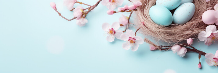 Obraz na płótnie Canvas Happy Easter Decor Concept Banner. Top View Flat-lay. Easter Eggs with Spring Cherry Blossom Flower on Pastel Blue and Pink Background with Empty Copy Space