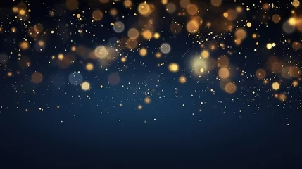 Fotobehang New year, Christmas background with gold stars and sparkling. Golden light shine particles bokeh on navy background © Boraryn