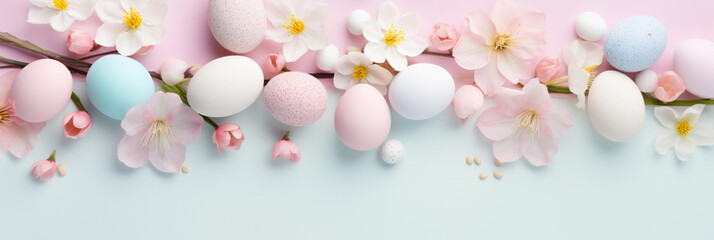 Fototapeta na wymiar Happy Easter Decor Concept Banner. Top View Flat-lay. Easter Eggs with Spring Cherry Blossom Flower on Pastel Blue and Pink Background with Empty Copy Space