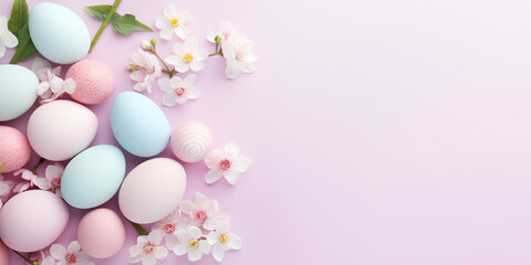 Fototapeta na wymiar Happy Easter Decor Concept Banner. Top View Flat-lay. Easter Eggs with Spring Cherry Blossom Flower on Pastel Blue and Pink Background with Empty Copy Space