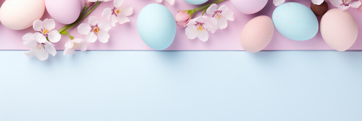 Happy Easter Decor Concept Banner. Top View Flat-lay. Easter Eggs with Spring Cherry Blossom Flower on Pastel Blue and Pink Background with Empty Copy Space - obrazy, fototapety, plakaty