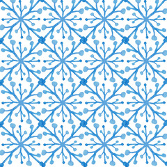 Pattern of watercolor snowflakes drawn by hand. For the design of clothes, fabrics, textiles, covers, scrapbooking, greeting cards, wrapping paper, poster