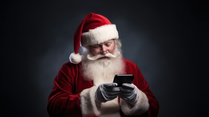 santa claus looking at mobile phone with black background. Generative Ai