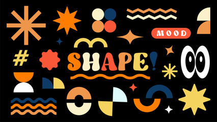 Brutalist abstract geometric shapes and grids. Brutal contemporary figure star oval spiral flower and other primitive elements. Boho design aesthetic. Abstract shape geometric memphis design vector.