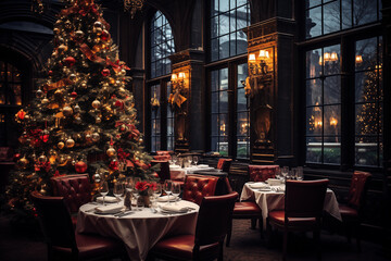 Fototapeta na wymiar Beautiful Christmas decorations in restaurant. New year cozy, festive interior design