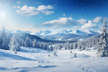 Fototapeta na wymiar Winter forest with mountain, pine tree and snow. Christmas, new year, winter background. Free space