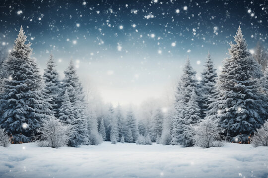 Snowing in pine tree forest in winter. Christmas, new year, winter background. Copy space