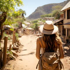 Adventurous Woman with Backpack Exploring Rustic Village Path