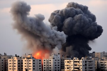  Explosion of nuclear in the middle of the city. Digital art. Illustration