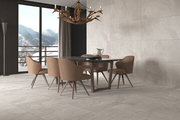 Pleasing dining area with floor and wall decor made of grey marble. There is a rack for kitchen utensils next to the opulent table, which also has candles, a plant as décor and chandelier above it. 3D
