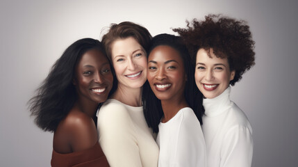 Diverse group of joyful women embracing and smiling, celebrating unity and friendship on a light background