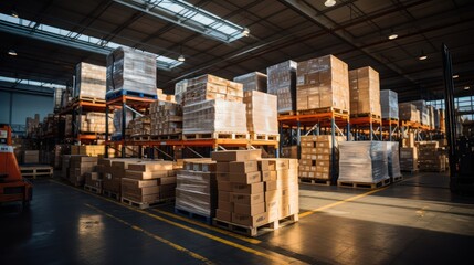 Warehouse full of shelves with goods in cartons. 