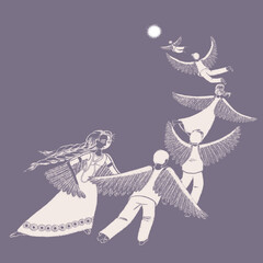 
Philosophical illustration about the desire for light. People put on wings and fly up one after another. They fly away into the distance