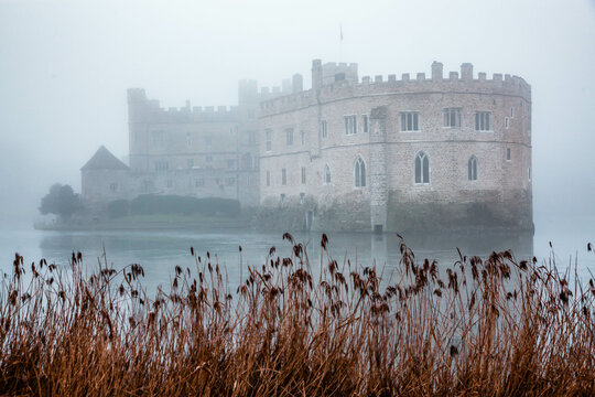 thick fog surrounding Leeds Castle and moat, England
