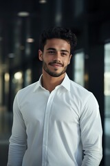Obraz premium Smiling Arab Young Man in Modern White Office