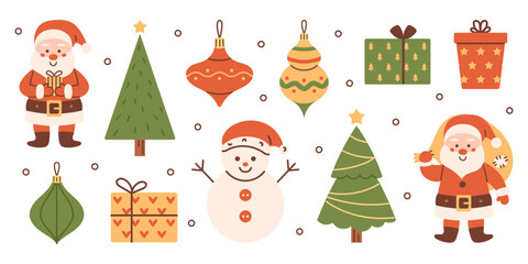 Obraz na płótnie Canvas Vector Christmas set with Santa Claus, gift boxes, snowman, christmas tree and baubles. New Year and Christmas collection. Winter funny illustration in flat design.