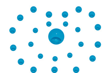 Transparent blue water drops on a white background. Trendy abstract nature background. Water drops in sunlight with copy space - blue watercolor shine.