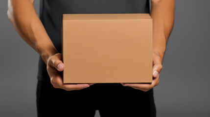Close-up of hands presenting a cardboard package with a mock-up logo, on a neutral background, showcasing delivery service