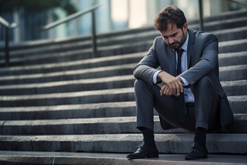 Close-up portrait of business man in depression sitting on the stairs outdoor. Work stress concept