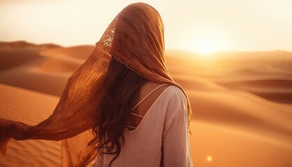 Beautiful woman in the desert at sunset, ramadan concept