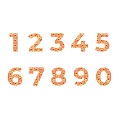 Golden decoration numbers with red ornament. Sparkles bold gold numbers. Collection of numbers for holiday on white background. Set of gold shiny elements. Happy New Year Realistic vector illustration