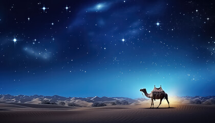 Fototapeta premium Camel at night in desert with stars, ramadan concept
