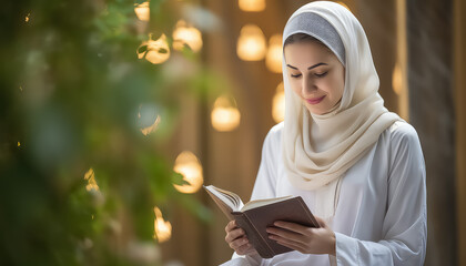 Muslim woman reading book, ramadan concept