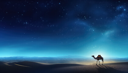 Obraz na płótnie Canvas Camel at night in desert with stars, ramadan concept
