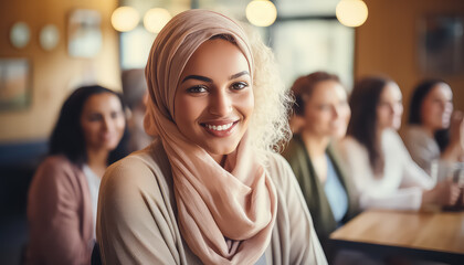 Muslim women sitting in cafe and having fun - obrazy, fototapety, plakaty