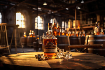 A bottle of whisky on a wooden table in an old cellar. - obrazy, fototapety, plakaty