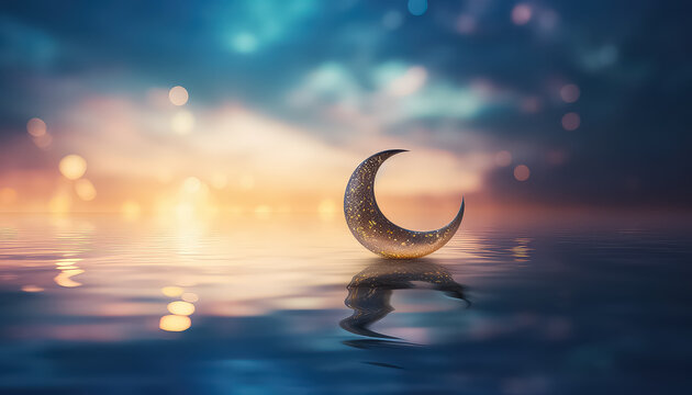 Crescent moon on the surface of the water on a blurred background, Ramadan Concept