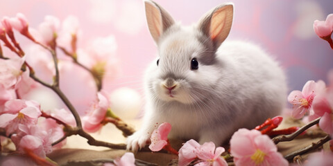 Easter banner with painted eggs and spring cherry blossom flower and cute little baby bunny rabbit on pastel background. Soft whimsical light with copy space..