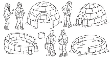 Persons building igloo in winter as team, engaging in seasonal activity. Creative construction of ice shelter with company of people, embracing cold season. - obrazy, fototapety, plakaty