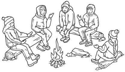 Persons sitting around winter campfire, engaged in conversation, season recreation for group of people. Warm and inviting scene of winter social interaction by the fire.