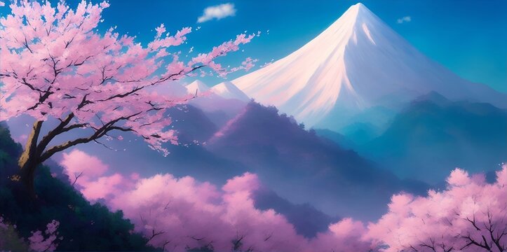 Beautiful blooming sakura. Highland landscape. AI generated illustration