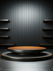 Empty round orange and black podium with dark background for product display
