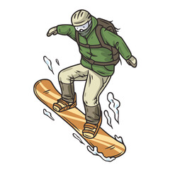 Winter seasonal sports, skiing and snowboarding. Off-piste freeride by person with skis and snowboard and splitboard. Extreme cold season sports, outdoor activities.