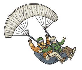 Pair paragliding with an instructor. Two persons flying paragliding. Seasonal extreme sports and outdoor activities, sports in the sky.