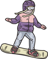 Snowboarder child on top of a snowy mountain. Snowboarding in winter mountains. Sporty snowboarding on a steep ski slope. Winter sport for ski resort.