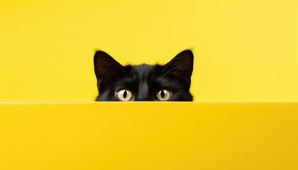 Portrait of a black cat on a yellow background, concept for Black Friday - obrazy, fototapety, plakaty