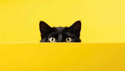 Foto op Plexiglas Portrait of a black cat on a yellow background, concept for Black Friday © terra.incognita