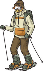 Person in snowshoes on top of a snowy mountain. Snowshoeing in winter mountains. Sporty winter hiking or winter sport for ski resort.